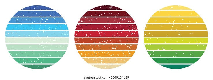 Vintage retro badges collection for banner, print, sticker, logo. Summer t shirt retro wave striped circle set. Retro vacation and grunge colourful circles frame.  70s-80s style abstract sunset vector