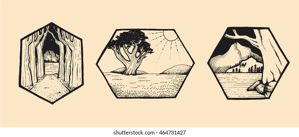 Vintage, retro badges nature scenes set