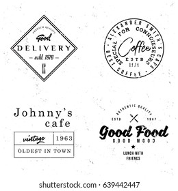 Vintage retro badges on food and cafe theme. Monochrome line old labels for restaurant menus, drink cards, advertising or branding.