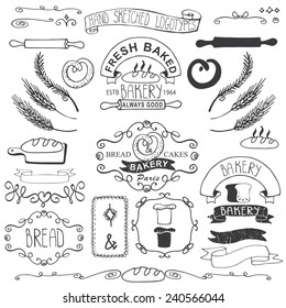 Vintage Retro Bakery Badges,Labels,logos. Colored hand sketched doodles and design elements (bread, loaf, wheat ear, cake icons,border,ribbon). Easy to make logo. Outline Vector 