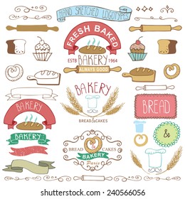 Vintage Retro Bakery Badges,Labels,logos. Colored hand sketched doodles and design elements (bread, loaf, wheat ear, cake icons,border,ribbon). Easy to make logo. Vector