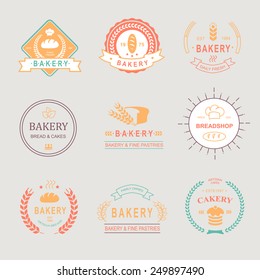 Vintage Retro Bakery Badges,Labels,logos .Colored design elements. Bread, loaf, wheat ear and  cake icons. Vector