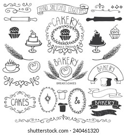 Vintage Retro Bakery Badges,Labels,logos.Colored hand sketched doodles and design elements (bread, loaf, wheat ear, cake icons,border,ribbon). Easy to make logo.Outline Vector