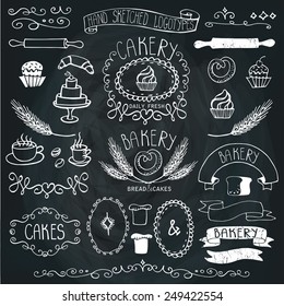 Vintage Retro Bakery Badges,Labels,logos.Colored hand sketched doodles and design elements (bread, loaf, wheat ear, cake icons,border,ribbon). Easy to make logo.Outline Chalkboard Vector