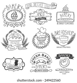 Vintage Retro Bakery Badges,Labels,logos.Outline hand sketched doodles and design elements (bread, loaf, wheat ear, cake icons). Vector