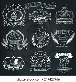 Vintage Retro Bakery Badges,Labels,logos.Outline hand sketched doodles and design elements (bread, loaf, wheat ear, cake icons). Vector on chalkboard background