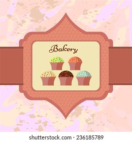 Vintage Retro Bakery Label. Bakery vector label with cupcakes. 