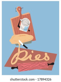 Vintage Retro Bakery Restaurant Pies Vector with Rolling Pin Pie Sifter