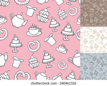 Vintage Retro Bakery Seamless pattern set.Colored hand sketched doodles background (bread, loaf, wheat ear icons).For Backdrop,background,fabric,Wallpaper.Vector Outline