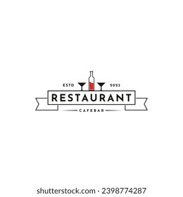 Vintage retro bar restaurant wine glass logo design idea with ribbon