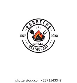vintage retro barbecue grill, barbeque label stamp logo vector template