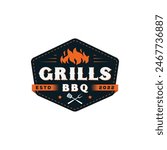 Vintage Retro Barbecue Grill Logo, BBQ Restaurant Logo design with fork and fire