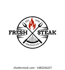 vintage retro barbecue logo.emblem stamp style.BBQ restaurant symbol with crossed fork and fire.classic stamp/seal design