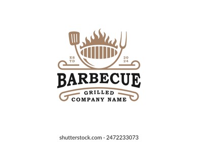 vintage retro of Barbecue restaurant logo design with pan, fork, spatula graphic idea for food party bbq