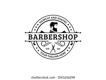 Vintage retro barbershop logo design template. Stamp label circular round design