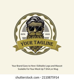 Vintage, retro, barbershop logos. Barbershop man logo with glasses and long beard. Mustache head