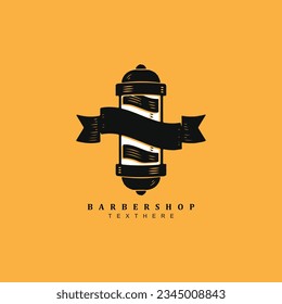 Vintage retro barbershop with ribbon logo design isolated on yellow background