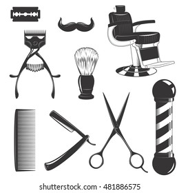 Vintage retro barbershop set with cutting equipment consists of blade, hair clipper, scissors, shaving brush swab, comb, straight razor, mustache and barber chair isolated on white background