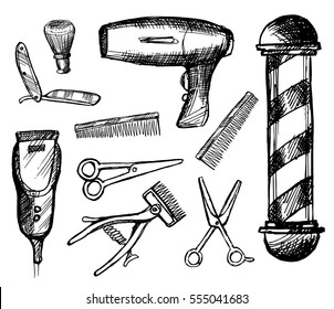Vintage retro barbershop set on white background. Barbershop tool collection, set of barbershop instruments.blade, hair clipper, scissors, shaving brush swab, comb, straight razor,