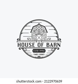 Diseño del logotipo de Retro Barn Vintage - Barn de arte de la línea de época - Logotipo de la granja - Vector de círculo vintage - edificio de madera de pino - ganado vacuno de granja