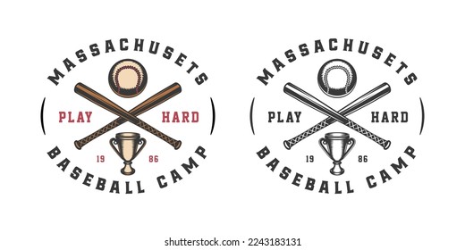 Vintage retro baseball sport emblem, logo, badge, label. mark, poster or print. Monochrome Graphic Art. Vector Illustration. Engraving style	