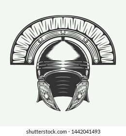 Vintage retro battle roman helmet. Protection armor knight. Vector Illustration. Monochrome Graphic Art.