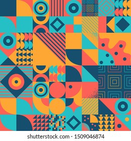 Vintage retro bauhaus design vector seamless pattern. Swiss style colorful 70s geometric composition. Musical poster