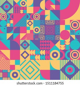 Vintage retro bauhaus design vector seamless pattern. Swiss style colorful 70s geometric composition. Musical poster, brochure, magazine cover, textile design