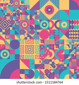 Vintage retro bauhaus design vector seamless pattern. Swiss style colorful 70s geometric composition. Musical poster. Patchwork quilt textile design