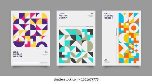 Vintage retro bauhaus design vector covers set. Swiss style colorful geometric compositions 