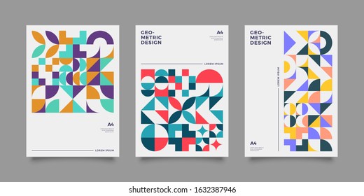 Vintage retro bauhaus design vector covers set. Swiss style colorful geometric compositions for book covers, posters, flyers, magazines, business annual reports