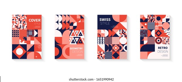 Vintage retro bauhaus design vector covers set. Swiss style colorful geometric compositions for book covers, posters, flyers, magazines, business annual reports