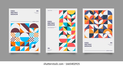 Vintage retro bauhaus design vector covers set. Swiss style colorful geometric compositions for book covers, posters, flyers, magazines, business annual reports