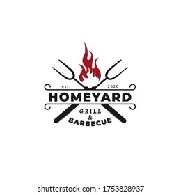 Vintage Retro BBQ Grill, Barbecue, Barbeque Label Stamp Logo design vector, bbq with crossed fork and fire flame Logo design