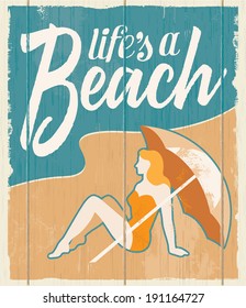 Vintage Retro Beach Poster - Vector Wooden Sign With Removable Texture.