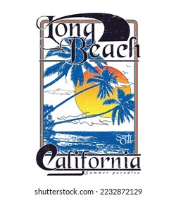 vintage retro beach print for long beach California, Beach vibes vintage graphic print design for apparel and others. Flamingo island artwork design.