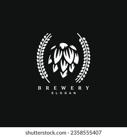 Vintage retro beer brewery hop with wheat logo design badge isolated on black background