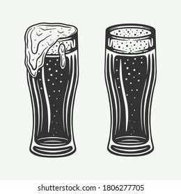 Vintage retro beer or drink glasses mugs. Can be used like emblem, logo, badge, label or mark or poster and print. Monochrome Graphic Art. Vector Illustration.