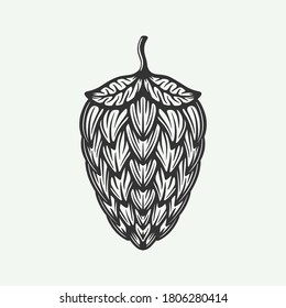 Vintage retro de la planta de lúpulo de cerveza. Puede utilizarse como emblema, logotipo, placa, etiqueta o marca. También se puede usar como afiche o impresión. Ilustración de vectores de arte gráfico monocromo.