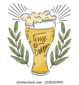 vintage retro beer mug whit leaves time to drink vector illustration