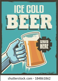 Vintage retro beer poster. Vector design sign. Ice cold beer with removable grunge texture effect.