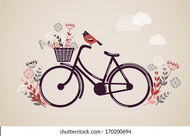 Vintage Retro Bicycle Background with flowers and bird