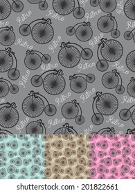 Vintage retro bicycle in seamless pattern set.Vector Flat Design.Used for packaging, fabric, wallpaper, background.
