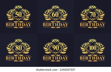 Vintage Retro Birthday logo set. Luxurious golden birthday logo bundle. 50th, 60th, 70th, 80th, 90th, 100th happy birthday logo bundle.