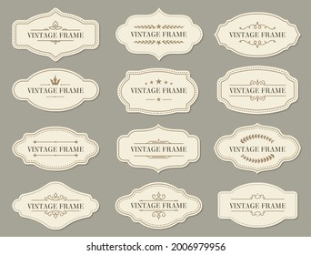 Vintage retro borders and frames, vector labels and ornate banners. Vintage frames and certificate ornament with floral filigree for menu or wedding greeting cards with royal crown and stars