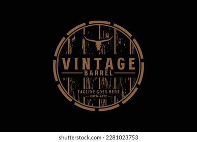 Vintage Retro Bourbon Wooden Barrel Keg with Bull Buffalo Longhorn Skull for Classic American Beer Logo Design