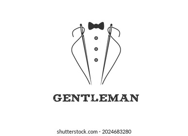 Vintage Retro Bow Tie Tuxedo mit Needle und Garnen zum Schneiden von Schneide- oder Modebekleidung Logo Design-Vektorgrafik