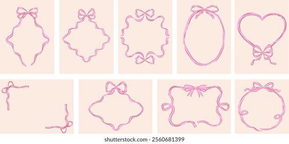 Vintage retro bows frames collection. Prints, greeting cards, wedding and birthday party, invitations. Hand drawn trendy coquette style. Vector illustration and design