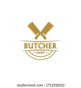 Vintage Retro Butcher shop label logo design with crossed cleavers