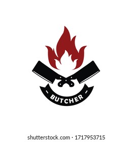 Vintage Retro Butcher shop label logo design with crossed cleavers and fair